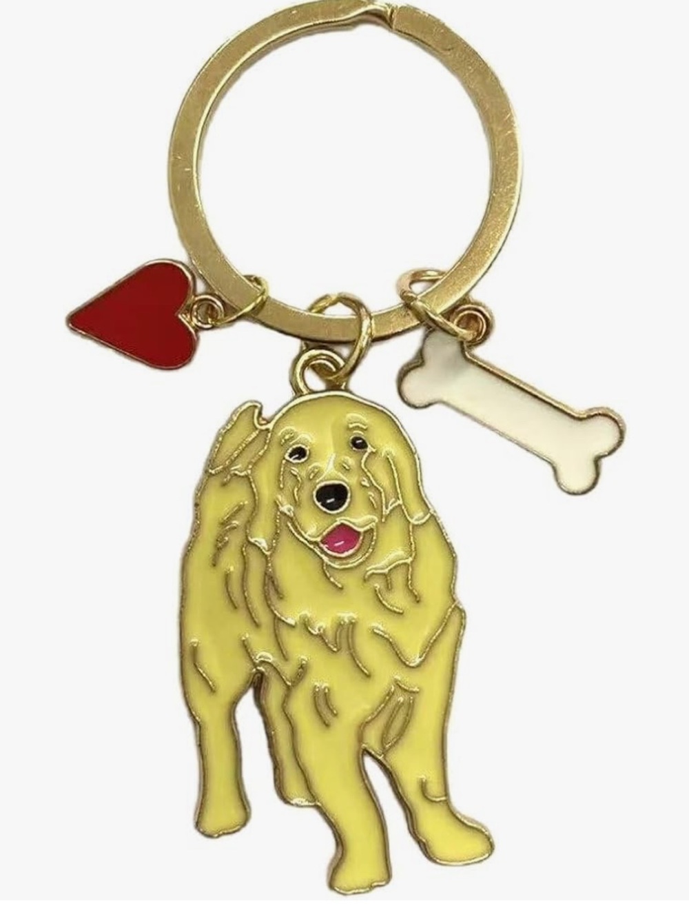 Golden Retriever Dog Keychain with Red Heart & Cream Bone Charms